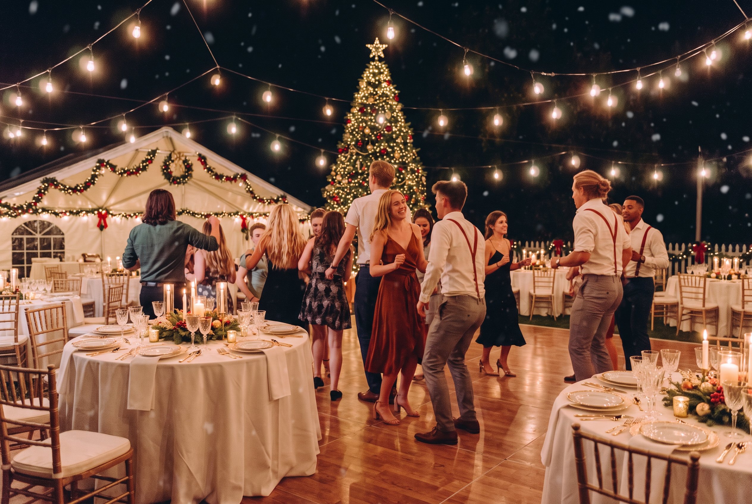 Guests dancing at a glowing Christmas party with a decorated tree and candlelit tables