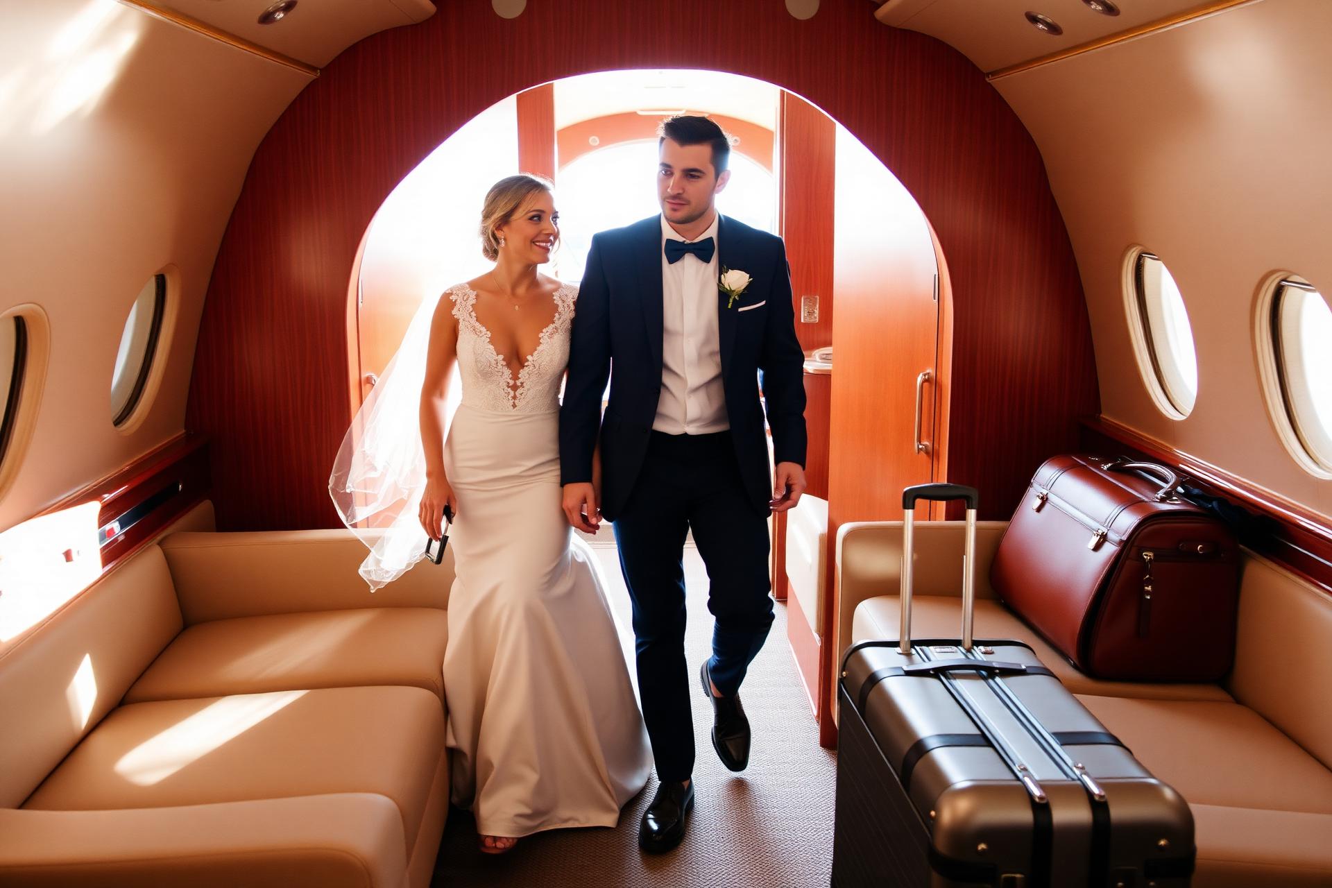 Couple boarding a private jet for their wedding travel