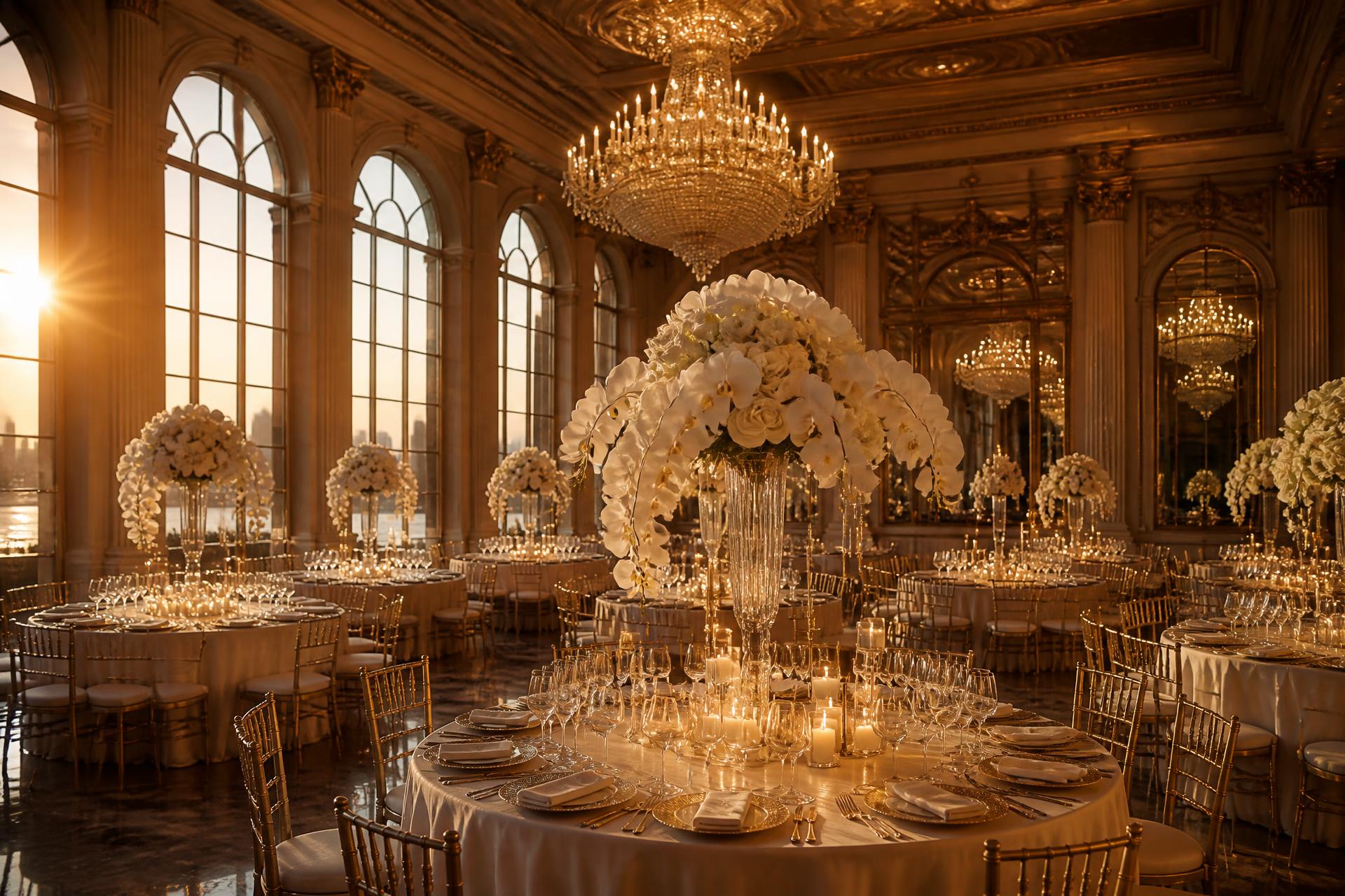Grand ballroom set for a luxury wedding reception