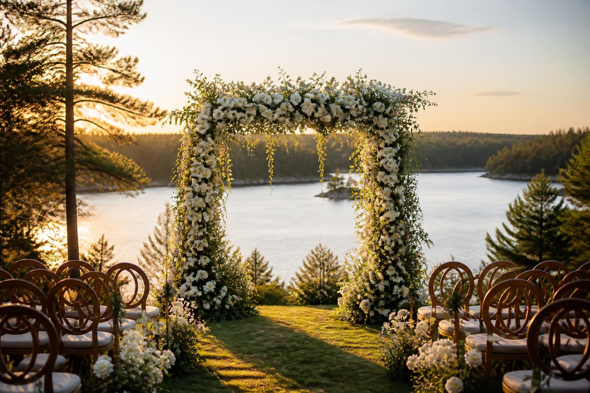 Floral wedding arch overlooking a Canadian lake at golden hour
