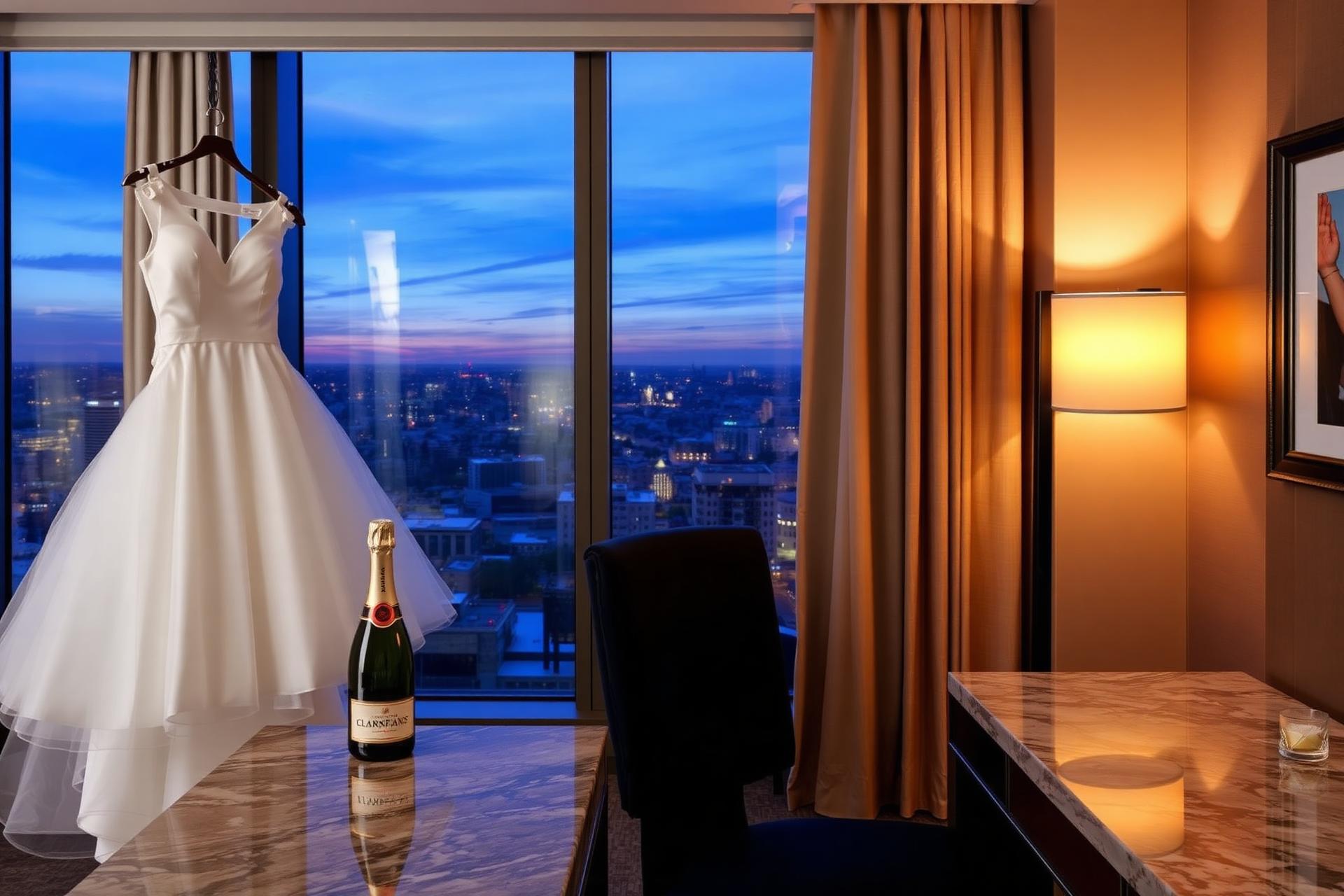 Luxury hotel suite with bridal gown and champagne at dusk