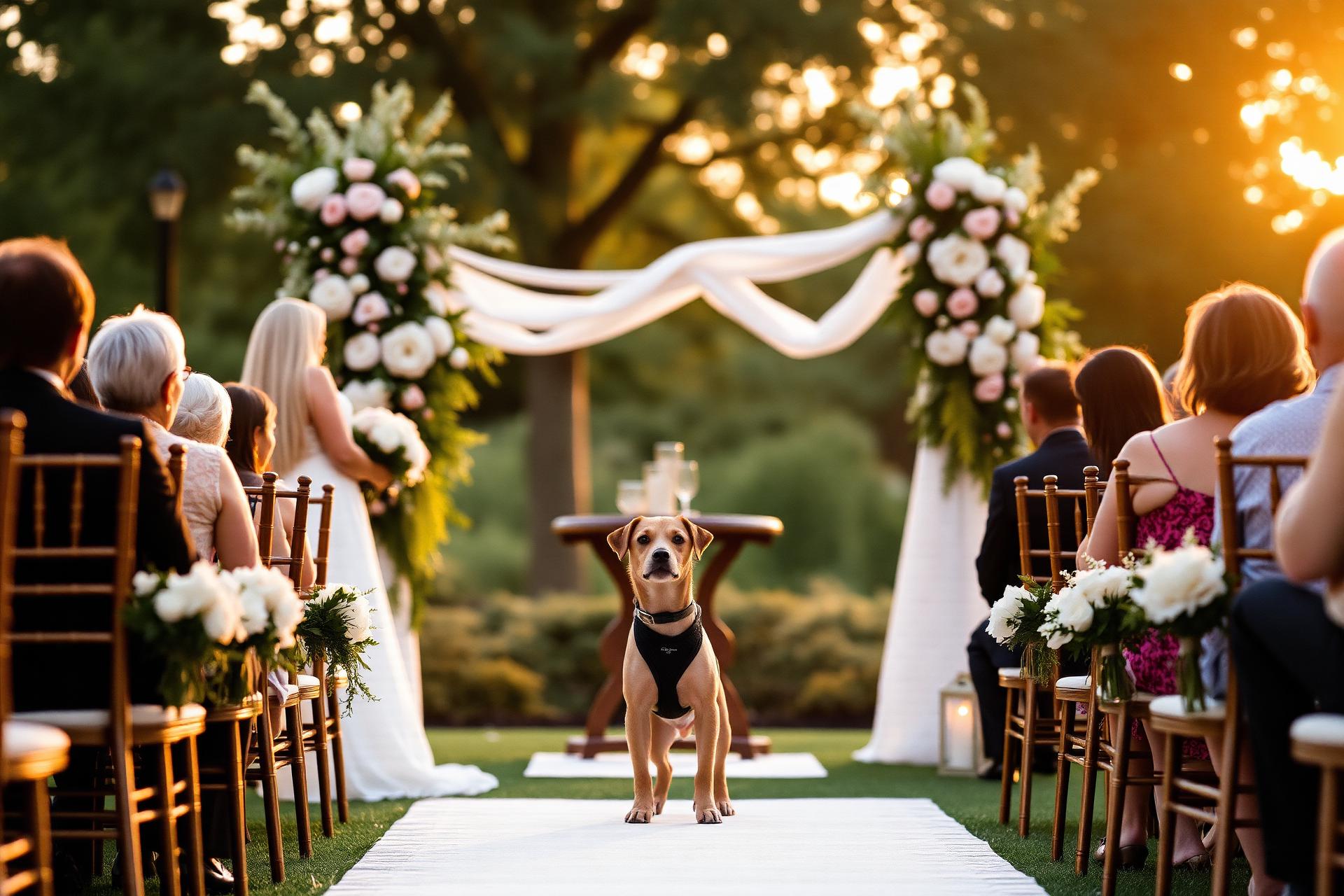 Small dog as ring bearer at an outdoor wedding ceremony